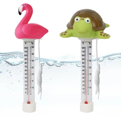 Imagen del producto de Termómetros flotantes para piscinas, con motivos de flamenco y tortuga, aptos para uso en interiores y exteriores, y que incluyen