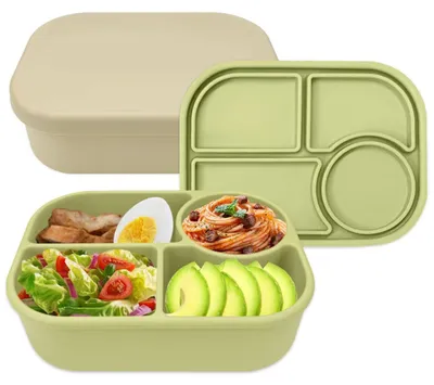 Productafbeelding van 2 siliconen bento boxen - Lunchboxen met 4 compartimenten, lekvrij