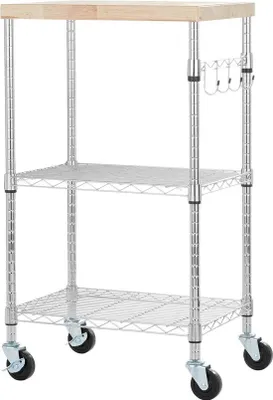 Produktbild von Drei-Schicht-Küchenwagen mit Rädern und Magnetron-Unterstützung, Holzoberseite, Holz/Stahl, 795 kg Tragfähigkeit