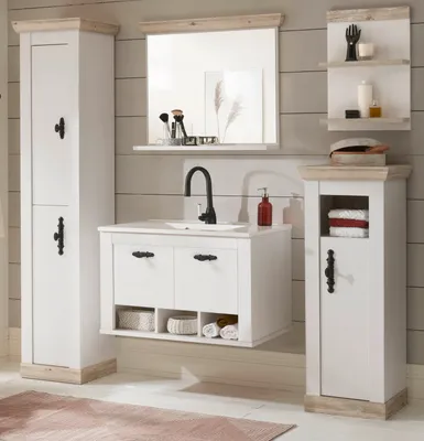 Produktbild von Badmöbel Set "Rovola" Pinie weiß / Oslo Pinie Landhaus 6-tlg. mit Waschbecken