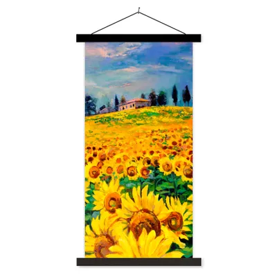Produktbild von MuchoWow® Textilposter Ölfarbe - Gemälde - Blumen - Sonnenblume 90x180 cm mit schwarzem Rahmen - Dekoration Wohnzimmer