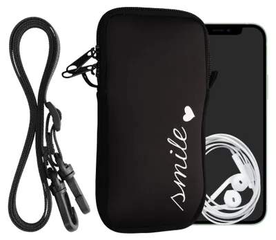 Produktbild von kwmobile Handytasche für Smartphones XL - 6,7/6,8" - Neopren Handy Hülle Weiß Schwarz - Handy Tasche mit Kette 17,2 x 8,4 cm Innenmaße - Smile Herz