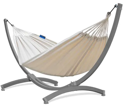 Produktbild von Potenza Outdoor Hängematte mit Tytan Gestell für 2 Personen I Baumwolle Doppelhängematte XXL 220x160, 200kg I Grau Hängemattengestell 350 kg, wetterfest