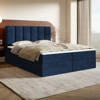 Produktbild von MOTIVENA Santiago Boxspringbett 180x200 Blau Samt (Kronos 09), Bonellfederkern-Matratze (H4), T28 Komfortschaumstoff Topper (H3)
