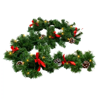 Produktbild von LED Tannengirlande grün mit Zapfen und Schleifen warm weiß beleuchtet - 183 cm mit 35 LED - Weihnachtsgirlande Batterie betrieben mit Timer - Deko Beleuchtung Kunst Tanne Girlande für Weihnachten Advent Winter