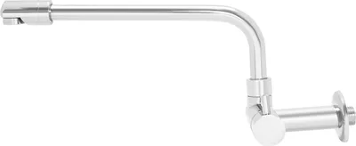 A silver wall-mounted kitchen faucet with a swivel spout.