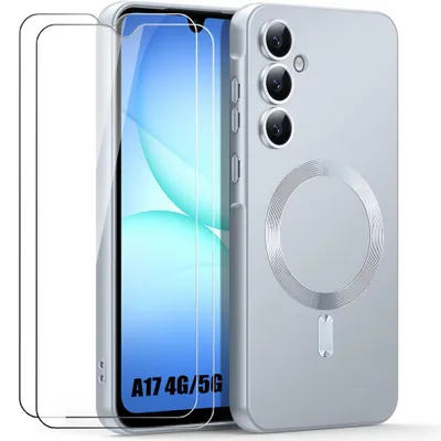 Image de Coque + 2 Verres Trempés pour Samsung Galaxy A17 4G/5G, Protection Silicone Antichoc avec Anneau Magnétique Argenté