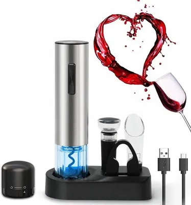 Produktbild von Elektrischer Korkenzieher 7-in-1 – Elektrischer Flaschenöffner – Weinöffner mit Folienmesser, Weinausschanker, Vakuumverschluss und Weinstopfen – USB-aufladbar – Edelstahl – Inklusive Aufbewahrungsbasis