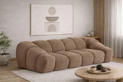 Image de Canapé 3 places modulable tissu velours Bluvel, couleur Latte, CROISSANT