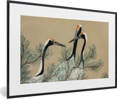 Produktbild von MuchoWow® Gerahmtes Poster Kranich - Blätter - Vintage - Japanisch - Skandinavisch 90x60 cm - Poster mit Schwarzem Bilderrahmen Wandposter Rahmen Foto Bilder - Fotorahmen - Foto-Plakat