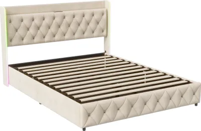 Produktbild von UnboxG Polsterbett 140x200cm mit USB, Jugendbett Doppelbett mit Lattenrost und Stauraum, Stauraumbett mit LED,Funktionsbett Jugendbett, Boxspringbett, Beige