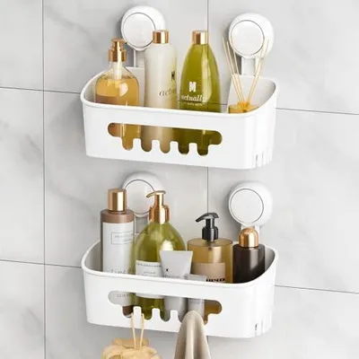 Produktbild von LEVERLOC Duschablage Saugnapf 2 Stück ohne Bohren Duschorganizer Duschregal Saugnäpfe Duschgel Halterung Abnehmbar Belastbarkeit 10 KG Wasserdicht Badregal mit Saugnapf für Shampoo und Duschgel