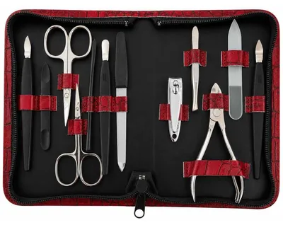 Produktbild von Maniküre Set 12-teilig mit Solingen Instrumenten, Echtleder-Etui  Germany, Nagelset für Damen und Herren, Hand- und Fußpflege Rot