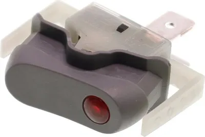 A close-up studio shot of a red illuminated switch with gray casing and clear plastic components.