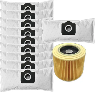 A collage of vacuum cleaner bags and a filter against a white background.