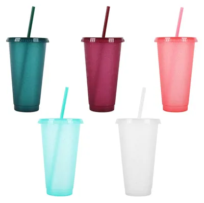 Immagine prodotto di Solidchoice - Set di 5 bicchieri di plastica riutilizzabili con coperchio e cannuccia