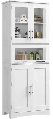 Obrázek produktu pro Skříňka pod umyvadlo, vysoká, volně stojící, bílá, rozměry 67x30x170 cm, 5 polic, 4 dveře, skleněné dveře