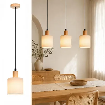 Obrázok produktu pre ZMH, závesné svietidlo s jedným zdrojom svetla, drevená stolná lampa s látkovým tienidlom, vintage závesné svietidlo, pätica E14, vhodné do obývačky, reštaurácie, spálne alebo kuchyne, farba: biela