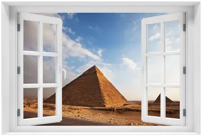 Produktbild von Wallario Premium Glasbild mit Fensterrahmen, freischwebende Optik, kräftige Farben, Größe 60 x 90 cm Motiv Alte Pyramide in Ägypten