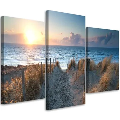 Produktbild von Triptychon auf leinwand dünen am meer 120x80 cm Feeby blau wandbild bereit zum aufhängen