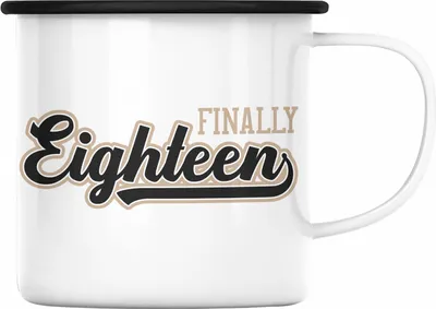 Produktbild von Trendation - 18. Geburtstag Emaille Tasse Geschenk Mädchen Junge Geschenkidee Lustig Spruch Sprüche 18 Geschenke Geschenkideen zum 18 Bday 18er Spruch (Schwarz)