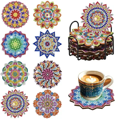Produktbild von Diamond Painting Untersetzer 8er Set Mandala rutschfest mit Halter DIY Bastelset Kork Acryl