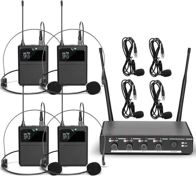Immagine prodotto di Microfono wireless R6, set di microfoni wireless a 4 canali con microfono lavalier wireless, microfono, ricevitore metallico, ideale per canto, karaoke, feste