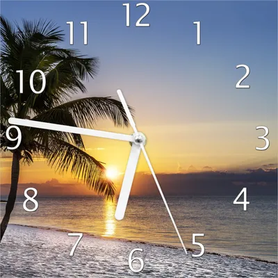 Produktbild von Wallario Design Wanduhr Palme am Strand - Sonnenuntergang über dem Meer aus Echtglas, Größe 20 x 20 cm