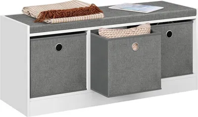 A white and gray storage bench with fabric drawers.
