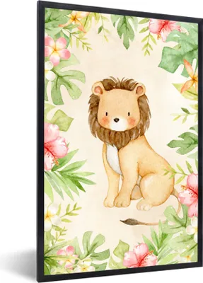 Produktbild von MuchoWow® MuchoWow® Gerahmtes Poster Löwe - Blumen - Dschungel - Aquarell 20x30 cm - Poster mit zchwarzem Bilderrahmen - Drucken - Bilder Poster im Rahmen