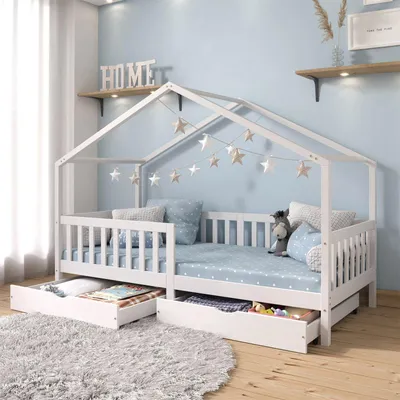 Produktbild von Hausbett ELEA aus massiver Kiefer, Kinderbett mit Rausfallschutz 90x200cm, Spielbett mit Dach in weiß