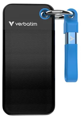 Produktbild von Verbatim Pocket SSD, 256 GB, USB Typ-C, 3.2 Gen 2 (3.1 Gen 2), 10000 MB/s, 10 Gbit/s, Schwarz, Blau