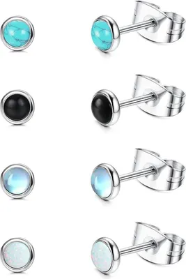 Zdjęcie produktu dla Kamień księżycowy Opal Turkusowe kolczyki sztyfty zestaw 4 pary damskie dzieci hipoalergiczne 4MM/6MM
