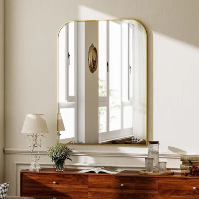 Immagine prodotto di Specchio da bagno, 75 x 100 cm, angoli arrotondati, finitura dorata, formato verticale, cornice in alluminio