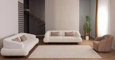 Productafbeelding van Luxueuze sofa set: 2 x 3-zits sofa, fauteuil, modern design, boucle stof, crème/bruin