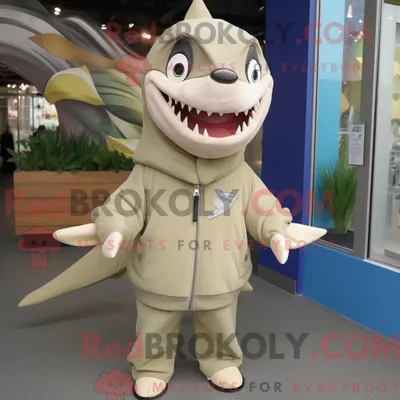 Produktbild von Maskottchen REDBROKOLY eines beigen Hais mit Windjacke und Wickelrock