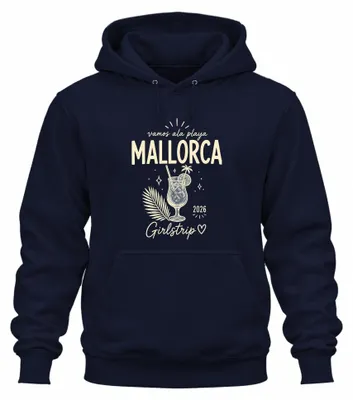 Immagine prodotto di Felpa con cappuccio, tema "Girlstrip" per Ballermann, ideale per una vacanza a Mallorca nel 2026, colore blu navy, taglia M