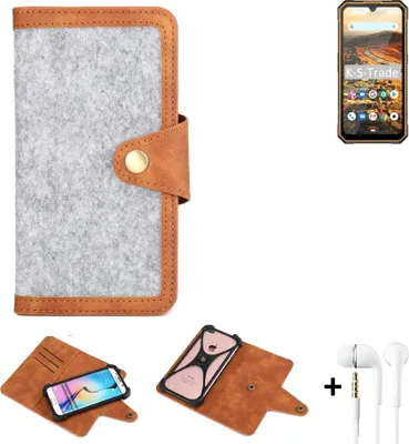 Produktbild von K-S-Trade Handyhülle + Kopfhörer kompatibel mit Cubot KingKong 5 Schutzhülle Filz Hülle Kunstleder hellgrau braun (1x)