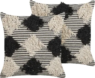 Obrázek produktu pro BELIANI Sada 2 dekorativních polštářů béžové a černé bavlna 50 x 50 cm geometrický vzor ručně dělaný snímatelný potah s výplní