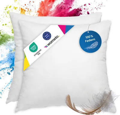 Produktbild von wometo 2 Stück / 2er Set Federkissen 100% Federn 50x50 - 600g OEKO-TEX Kissen / Füllkissen mit Bezug aus 100% Baumwolle weiß / Innenkissen / Kissenfüllung / kleine Sofakissen (viele Maße)