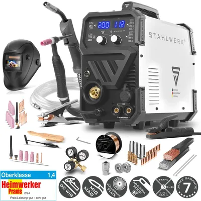Produktbild von STAHLWERK Schutzgasschweißgerät 3-in-1 Kombi MTM-200 ST – Vollausstattung – WIG, MIG/MAG, MMA/E-Hand bis 200 A, 4-Rollen-Antrieb, Fülldraht geeignet, KI-generiertes Bild