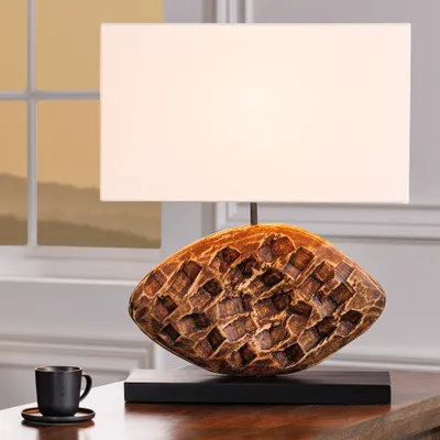 Produktbild von riess-ambiente Design Tischlampe REEF 50cm Akazie Massivholz Baumwollschirm weiß Tischleuchte Lampe Leuchte