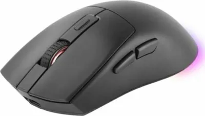 A black gaming mouse is shown from a diagonal angle against a white background.
