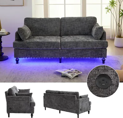 Zdjęcie produktu dla Sweiko Nowoczesna 2-osobowa sofa szenilowa z drewnianymi nóżkami, oświetleniem LED, portem USB do ładowania i torbą do przechowywania Pokój dzienny-sypialnia-gabinet