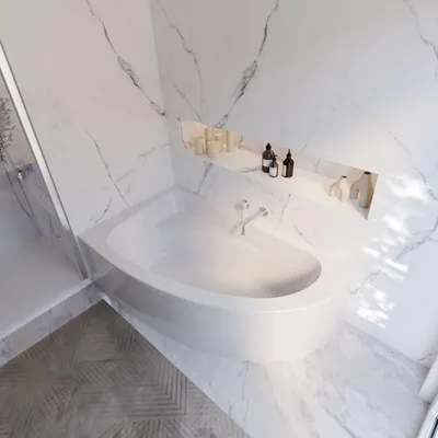 Bild einer abgerundeten, weißen Badewanne in hellem Badezimmer mit einer Ansicht von oben.