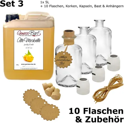 Produktbild von Alte Mirabelle 5L inkl. 10 Flaschen, Korken, Kapseln, Bast & Anhänger Obstler 40% Vol. Mirabellen Schnaps