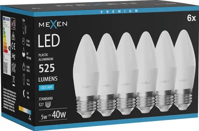 Obrázek produktu pro Mexen Nova 6x LED žárovka E27, C37, 5W, Studená - 6500K, 525 lm - L102-E27-0565-01x06