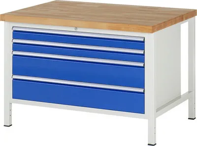 Produktbild von Werkbank mit 4 XXL Schubladen - Vollauszug - 90:2 / 180:2 - 840 x 1.250 x 900 mm (HxBxT) - Traglast 1.250 kg - Buche