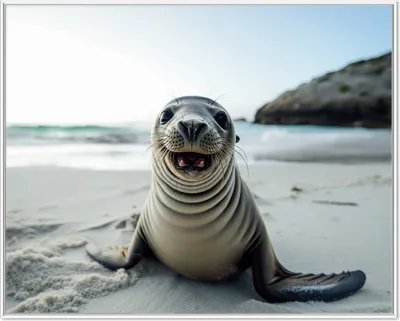 Produktbild von Wallario Wandbild Robbe am Strand, Größe: 40,30 x 50,30 cm, Poster mit weißem Aluminiumrahmen