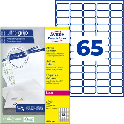 Produktbild von Avery Zweckform L7651-100, Adress-Etiketten, A4, Qualitätsdruck mit: ultragrip, 38,1 x 21,2 mm, 6.500 Etiketten / 100 Bögen, weiß